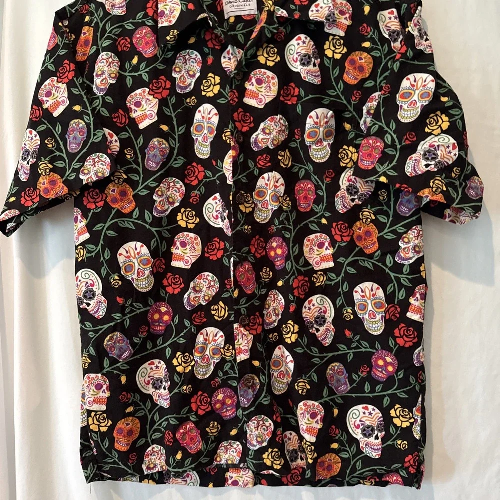 David Carey Originals Mens LG Dia De Los Muertos Sugar Skulls Button Up Shirt